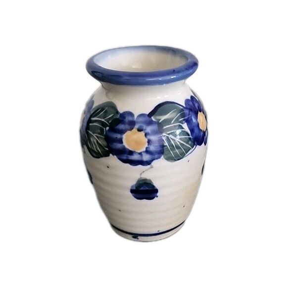 Boleslawiec Vintage WR UNIKAT Polish Pottery Blue FlowersPATTERN VASE 3.25" EUC - Picture 4 of 8